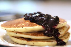 Lemon Poppy Seed Gluten Free Pancake with Blueberry Sauce