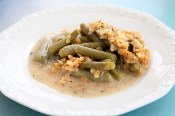 Gluten Free Green Bean Casserole Close Up Plated