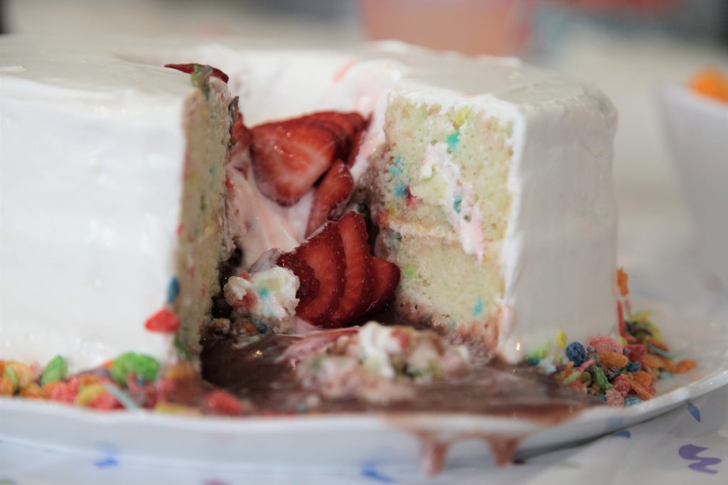 Close up of slime oozing out of the cake